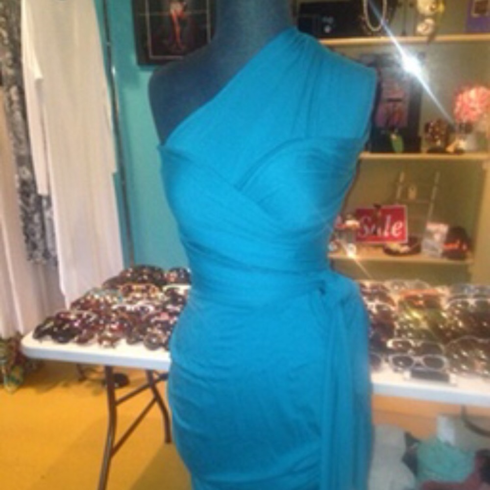 Teal colored Monif C dress.